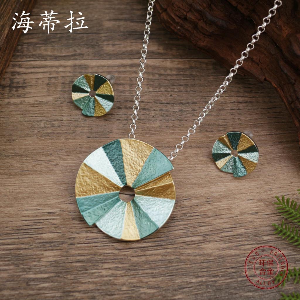 New Color Painting Oil Round Geometric Stud Earrings Pendant Set, Women's High-end Geometric Round Necklace.