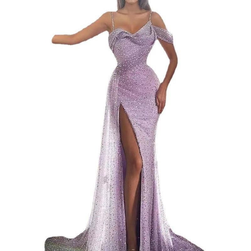 Robe de soirée à paillettes pour femme 2025: Jupe longue fendue irrégulière transfrontalière européenne et américaine avec bretelles