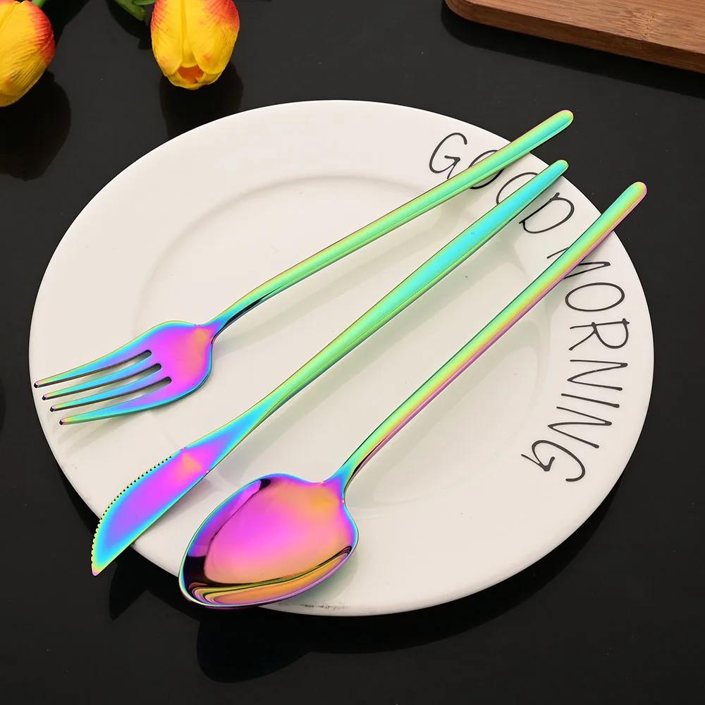 30Pcs Rainbow Stainless Steel Dinnerware Cutlery Set Steak Knife Dessert Fork Spoon Dishwasher Safe Flatware for Home Restaurant