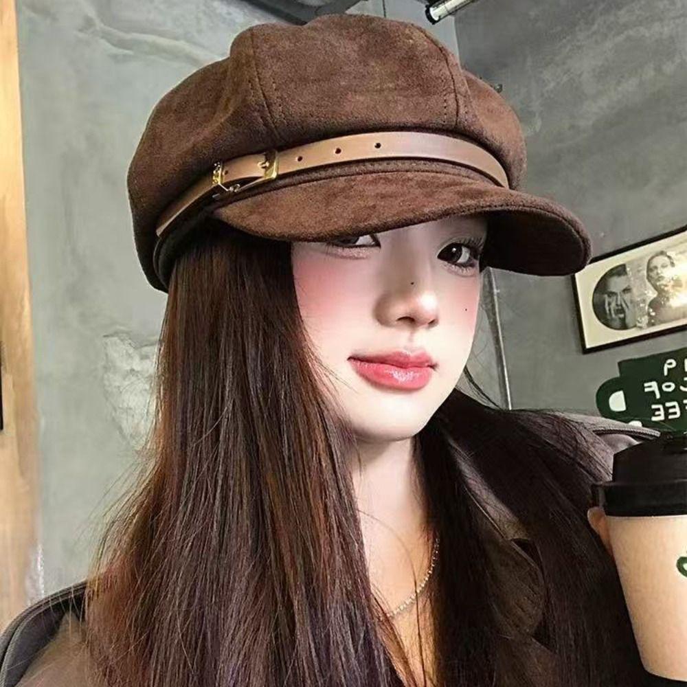 Brown Pu Leather Beret British Style Painter Hat Personality Suede Octagonal Hat  Outdoor