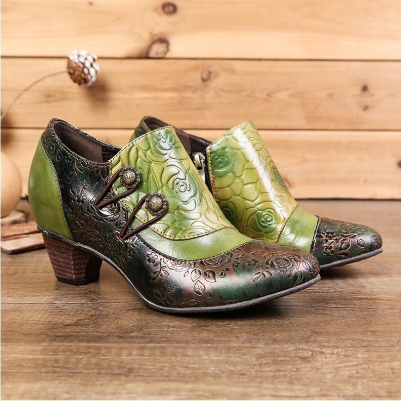 Johnature Genuine Leather Ethnic Style Pumps Women Shoes Round Toe Fashion Handmade Med Heels Ladies Shoes