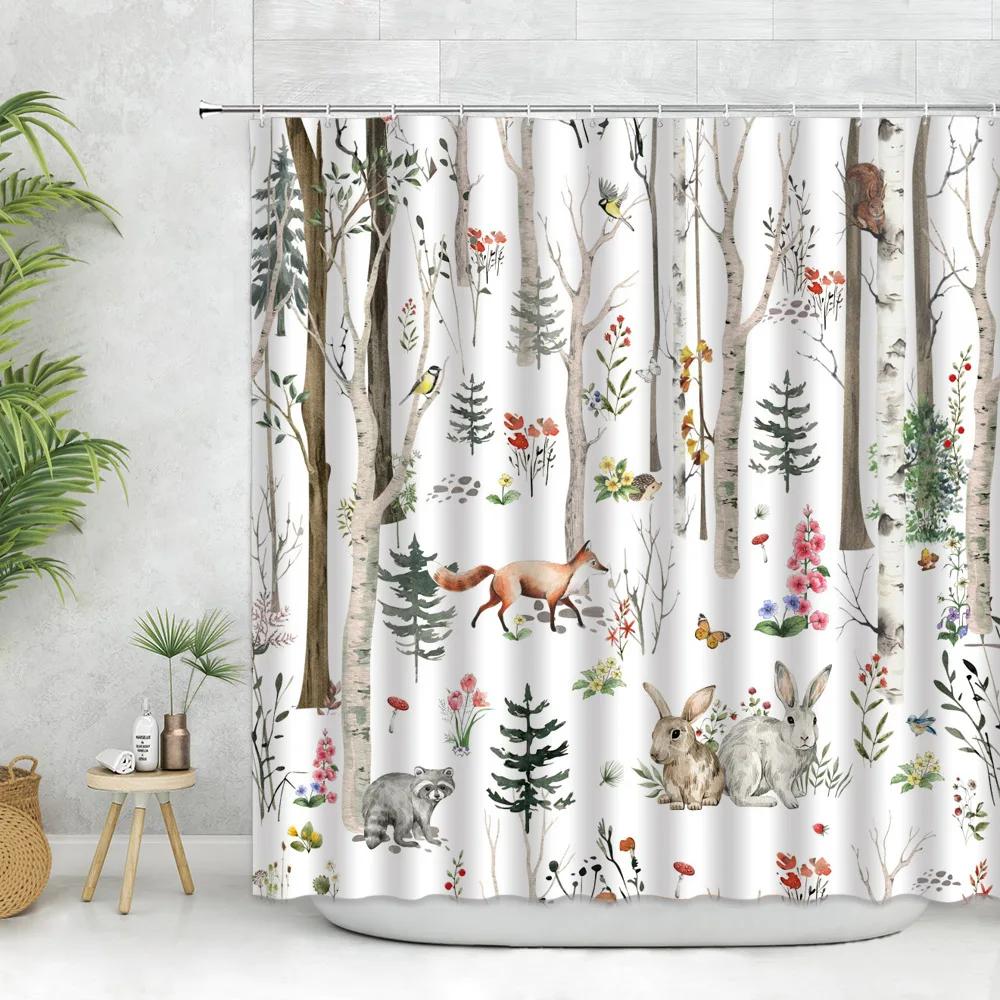 Forest Animals Shower Curtains Reindeer Fox Squirrel Elk Bear Wildlife Plants Farm Bird Painting Home Bathroom Decor With Hooks