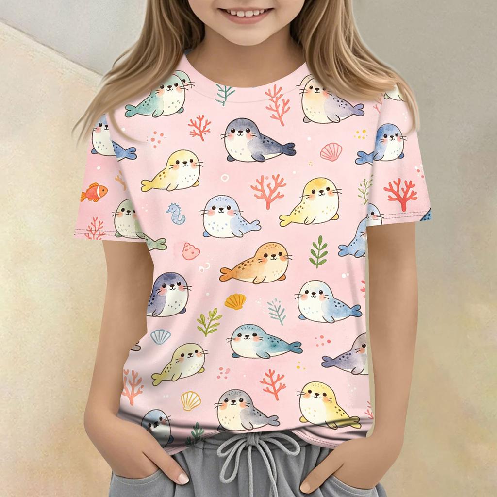Kids Animal Print Crew Neck Short Sleeve Casual Loose Fit T Shirt Top for Children Soft Comfortable Fabric Suitable for Everyday Wear