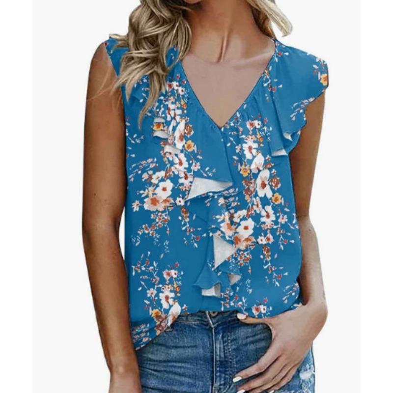 Women's plus size printed chiffon fungus trim T shirt