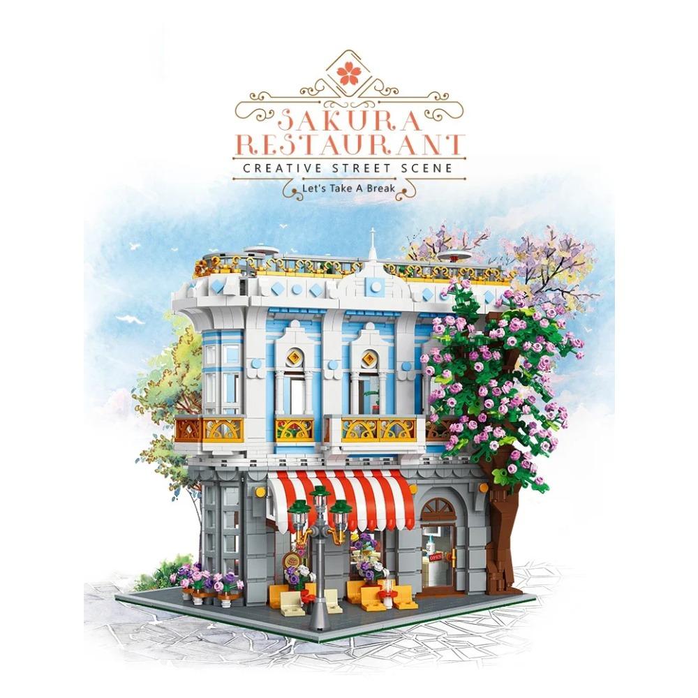 3725PCS Sakura Restaurant Building Blocks City Street Scene MOC Model Bricks With Light Decoration Ornaments Kids DIY Toy Gifts