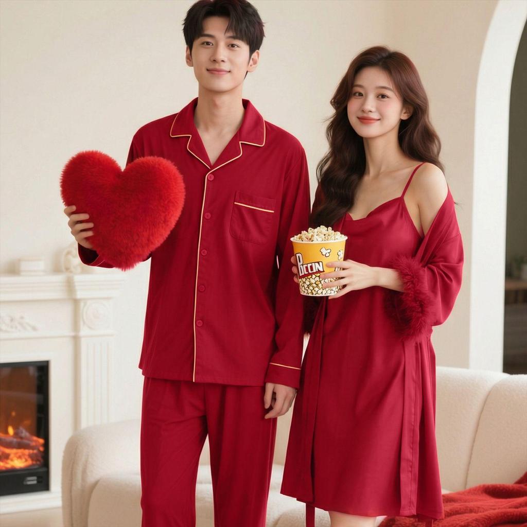 Red Zodiac Year Silk Wedding Pajamas & Robe Set for Bride and Groom