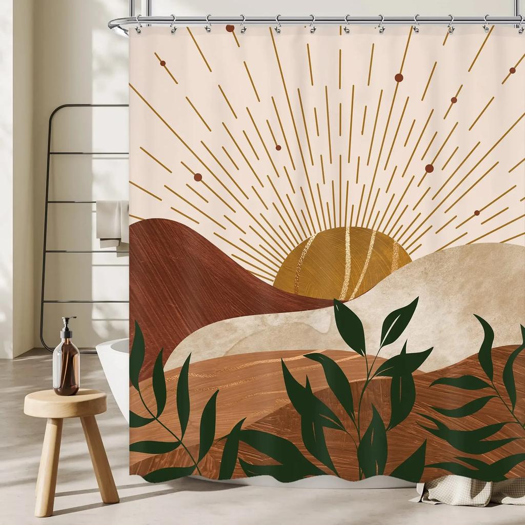 Mountain Shower Curtain,Teal Bathroom Shower Curtain, Cool Nature Watercolor Misty Forest Sun Sunset Landscape Shower Curtains