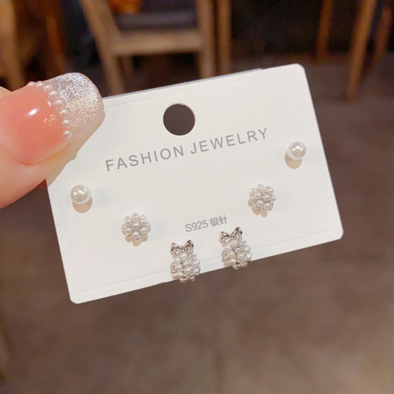 Elegant Pearl Bow Stud Earrings Set - Three-Piece Collection