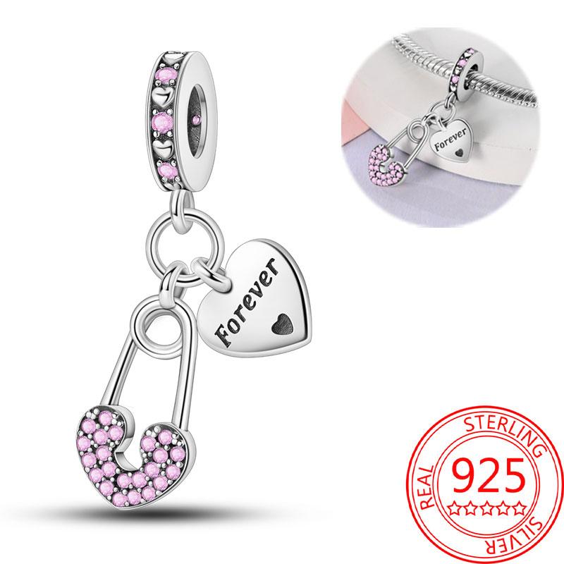 Breloque Pendentif Perles Cœur Rose Scintillant Cuivre Compatible Bracelet Original Pour Femmes Bijoux Cadeaux Saint-Valentin