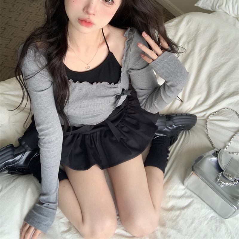 Sweet Cute Girly Style Irregular Long-sleeved T-shirt Halter Top Hot Girl Suit Female Autumn Two-piece Set Chic