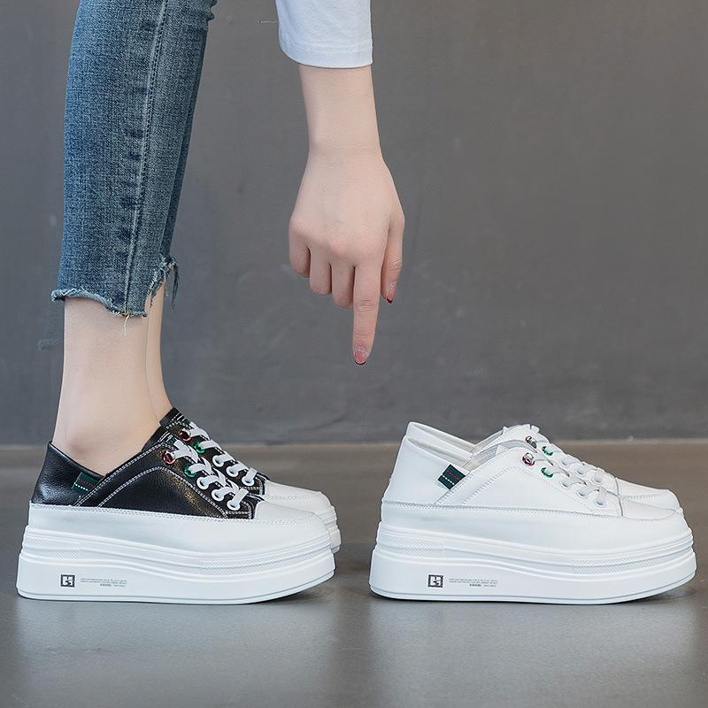 thick-soled little white shoes for women's new muffin shoes, board shoes, one pedal and two wear cowhide inner height-increasing women's single shoes