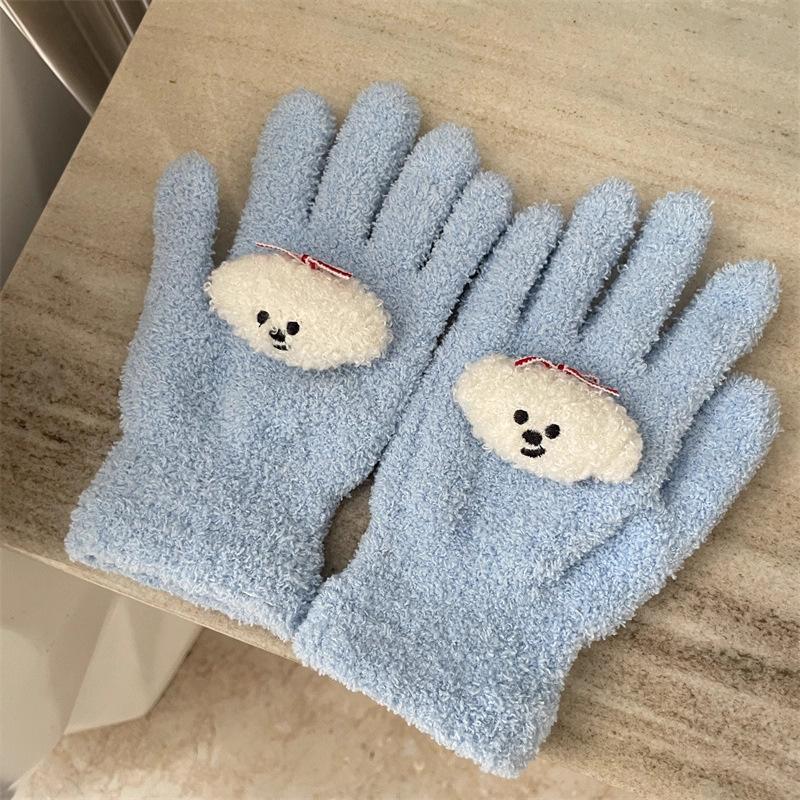Cute Curly Dog Red Apple Gloves Plush Coral Fleece Cold-Proof Gloves Student Winter Warm Five-Finger Gloves Girl Christmas Gifts