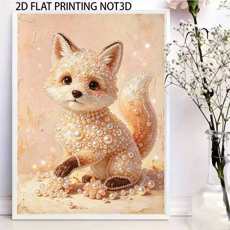 DIY 5D Pearl Bead Painting Kit with Frame Cute Fox Portrait Shiny Canvas Art for Bedroom Wall Decor and Gift Collection Display