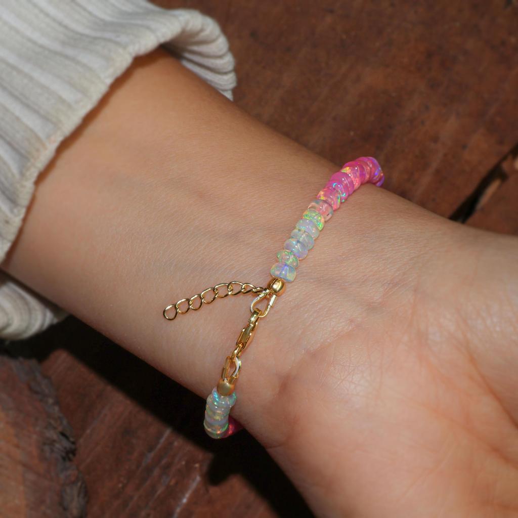 Pink Shaded Opal Beads Bracelet, Multifire Opal Beads Handmade Bracelet, Natural Opal Beaded Bracelet, Opal Birthstone Jewelry, Gift for Her