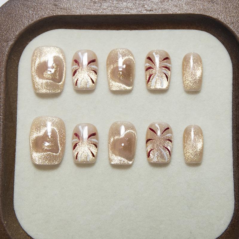 Autumn/Winter Champagne Bling Cat Eye Heart Fireworks Handmade Nails, Internet Celebrity Hot Item