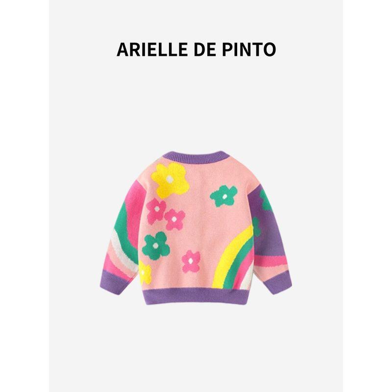 French Arielle De Pinto Girls' Sweater Spring and Autumn Korean Style Floral Rainbow Rabbit Cardigan Sweet Coat