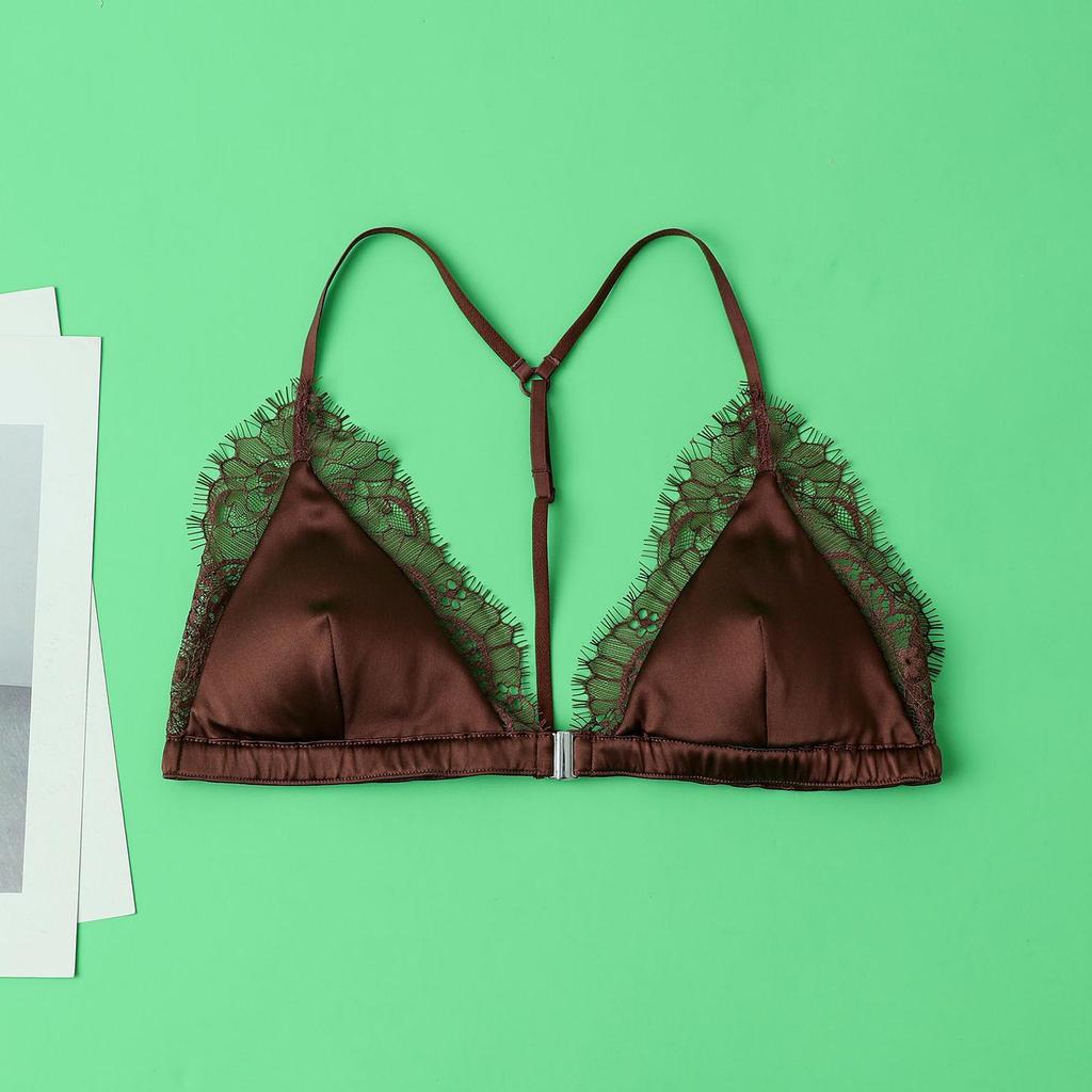 Women's Real Silk Satin Wireless Triangle Bra with Front Buckle and Beautiful Back Design