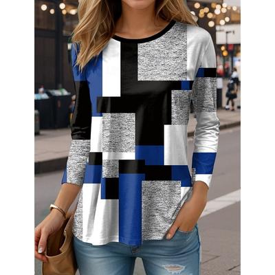 Dames Casual T-shirt 3D Geprint Gestreept Geruit Prints Ronde Hals Retro Elegant Lange Mouwen Damesmode Pullover Tops met Lange Mouwen