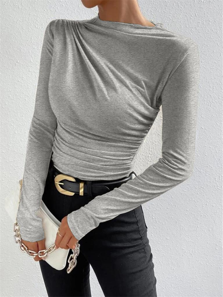 Solid Color Slim Fit Cami Top with Pleated Design Long Sleeve Women's T-Shirt