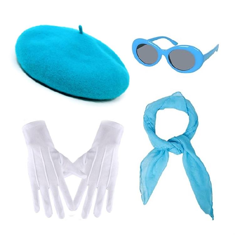 Coordinated Costume Accessory Set, 4 Piece Beret Scarf Gloves Sunglasses Kit for Halloween Party Photos, Gifts, and Styling