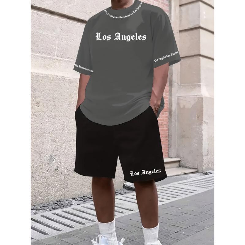 Los Angeles English Letter Pattern Men's Short Sleeved and Shorts Casual Sports Suit