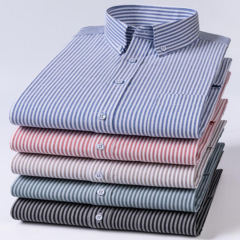 New Cotton Oxford Shirts Men's Long Sleeves Stripe Thin Soft Regular Fit Formal Dress Shirt Pocket Social Blouse Male Clothing