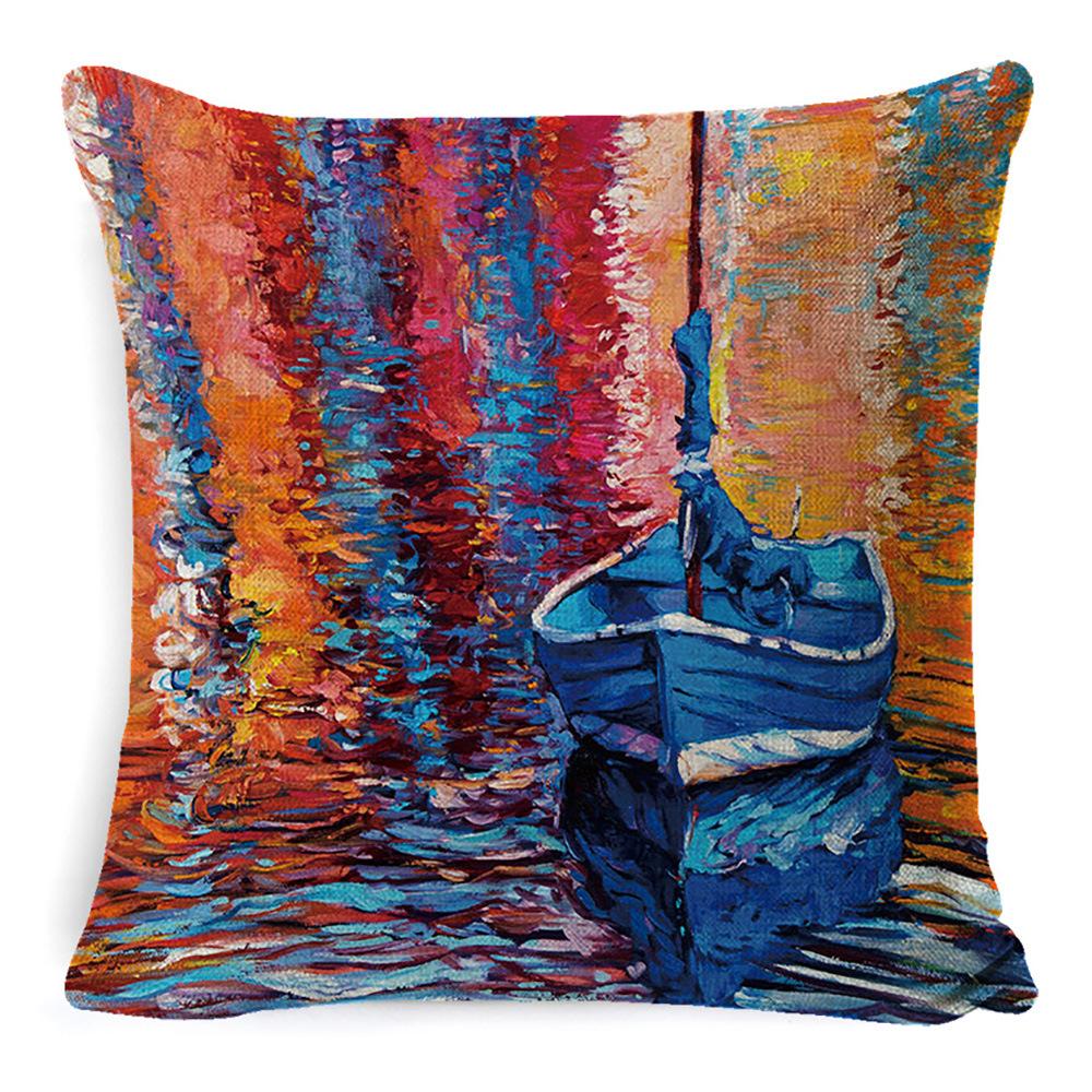 New Linen Pillow Cover Oil Painting Landscape Office Lumbar Pillow Cover Home Sofa Pillow Home Pillow