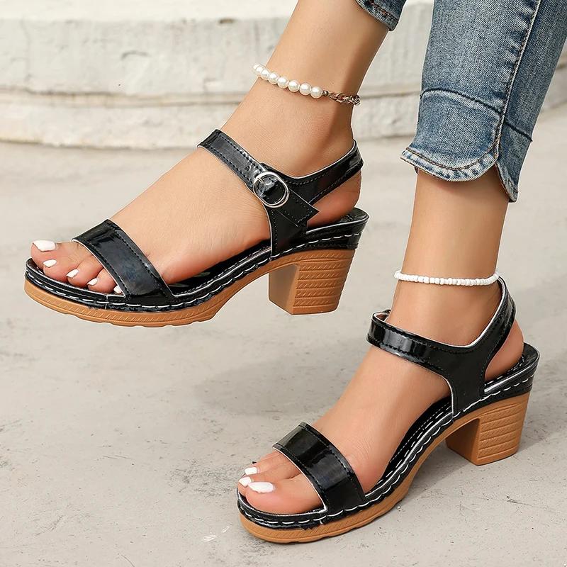 Fashion One Strap White Thick Heel Sandals for Women Lightweight Pu Leather Ankle Buckle Sandles Woman Plus Size Summer Sandalias Mujer