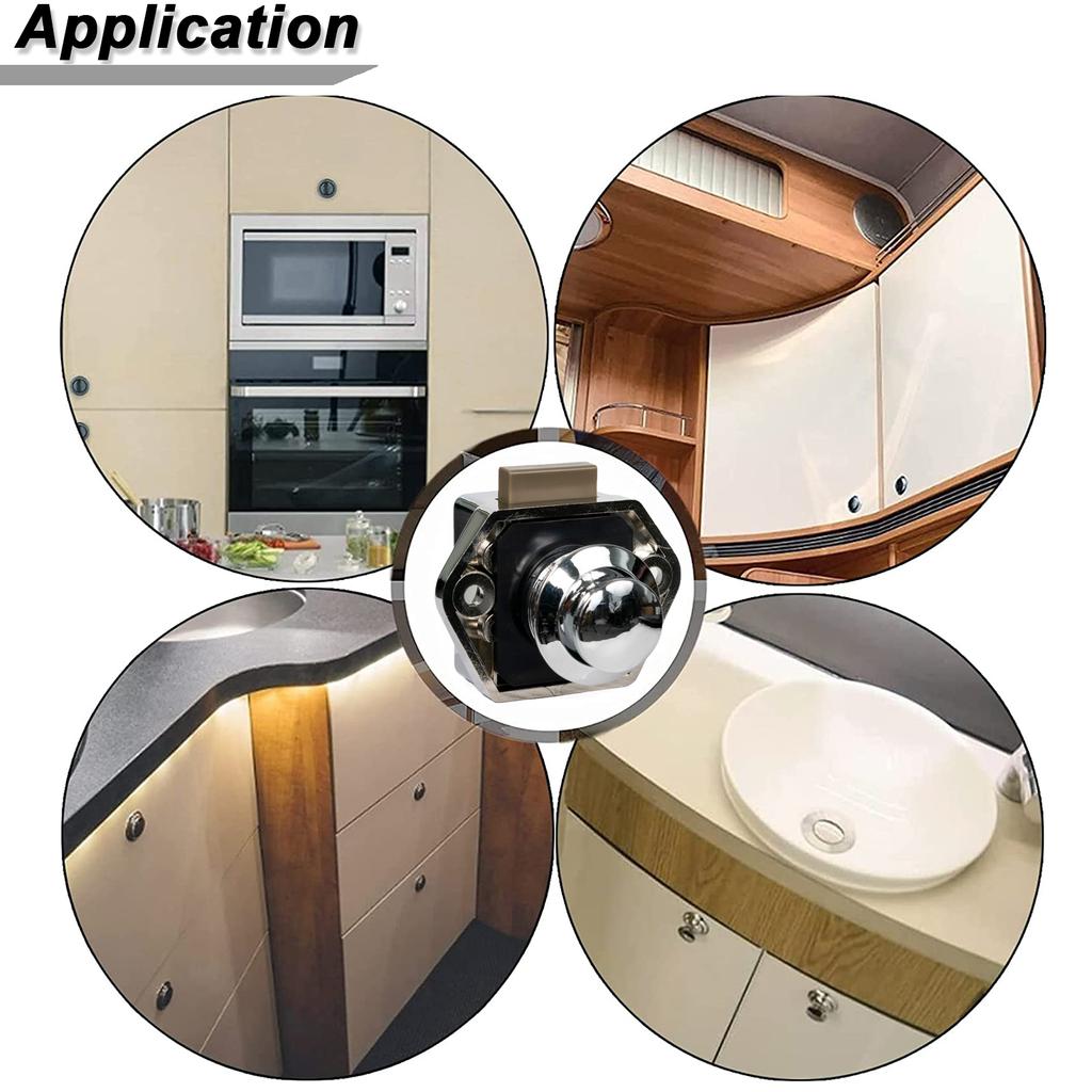 2x Chrome Push Button Szuflada Szafka Drzwi Zatrzask Gałka Zamki Szafki Bezpieczeństwo Blokada Ochrona Catch Lock Caravan RV Samochód kempingowy