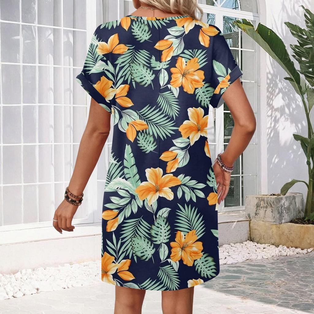 Short Sleeve Women's Dress Casual Dresses With Pockets V Neck Vocation Boho Beach Sundress