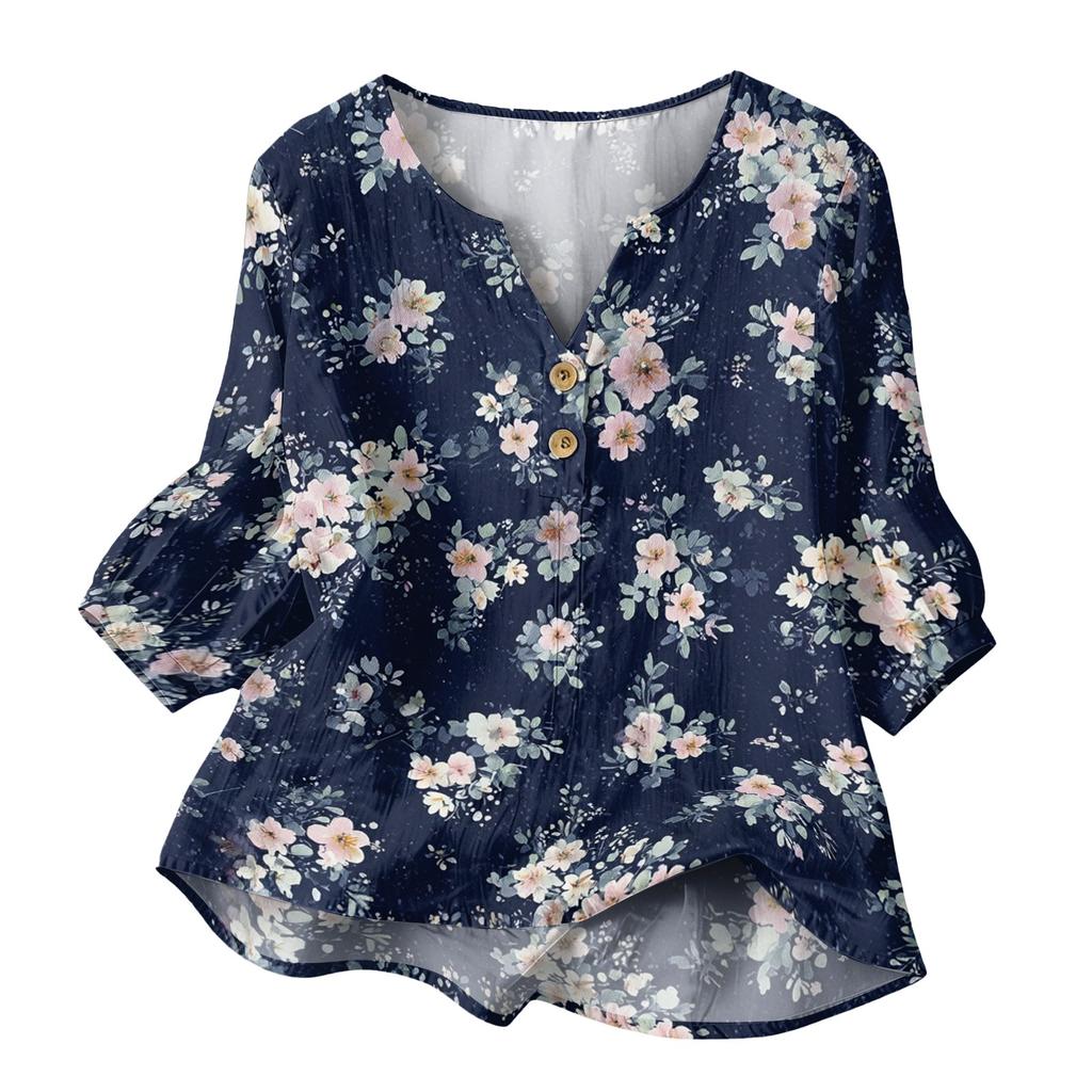 Women’s Floral Print Henley Neck Button Front Cotton Linen Blouse with Chest Pocket and Three Quarter Sleeves for Casual Wear