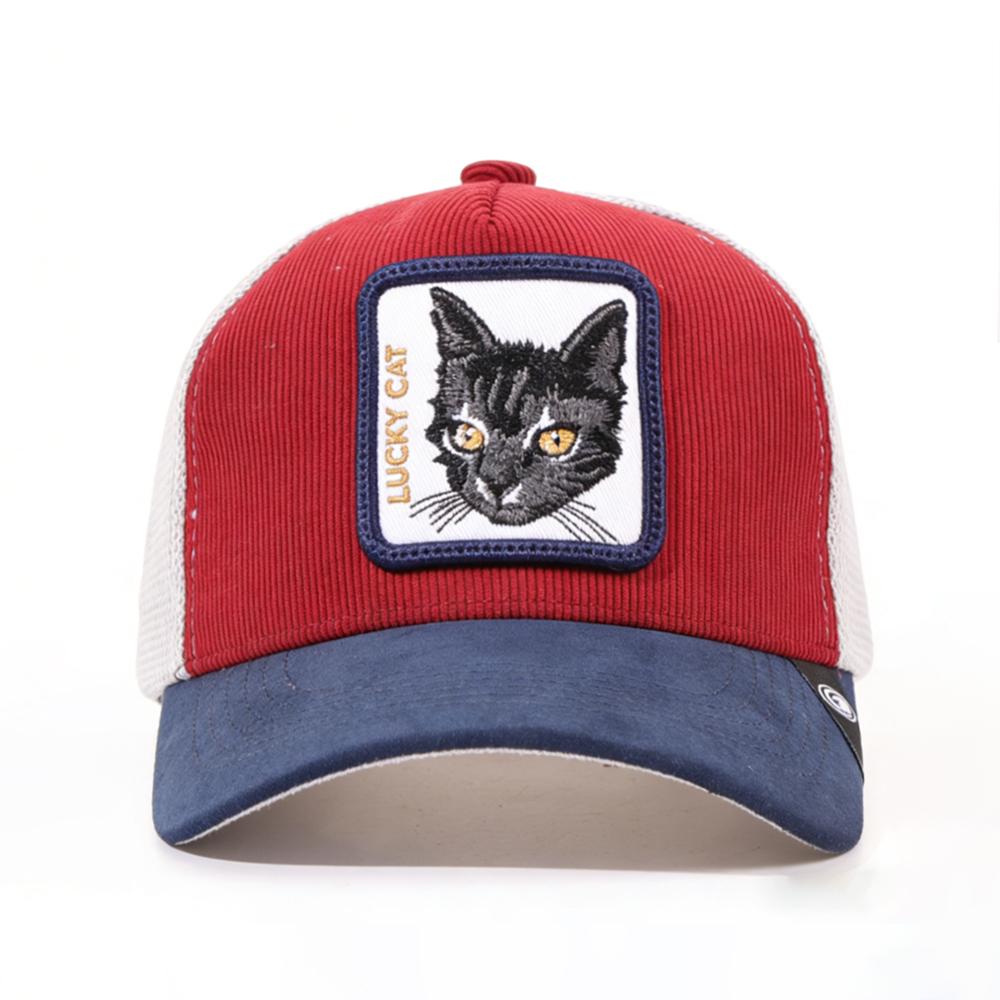 1PC Mesh Trucker Hat, Breathable, Embroidered Lucky Cat Patch, Color Block Streetwear