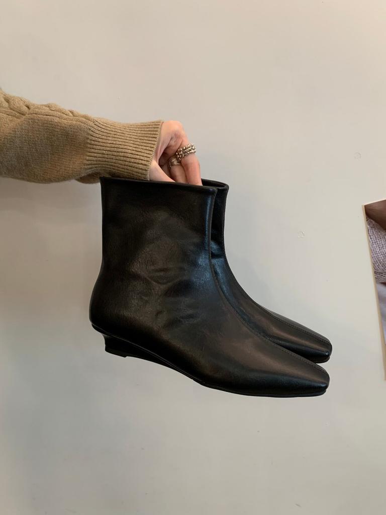 Square head slope heel short tube side zipper thin boots women's autumn new temperament retro low heel fashion boots