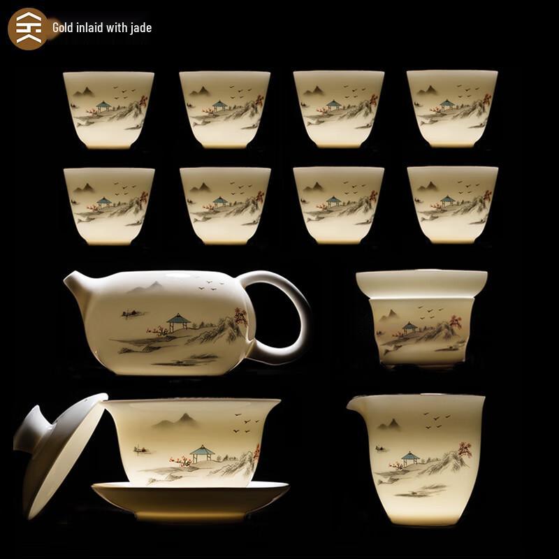 High-End Gold Inlaid Jade White Porcelain Kung Fu Tea Set