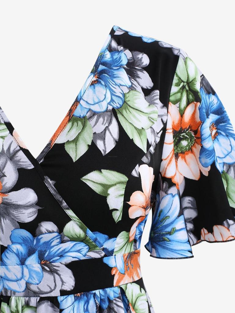 Rosegal Plus Size Colorful Flower Printed Surplice Ruffles A Line Casual Dress