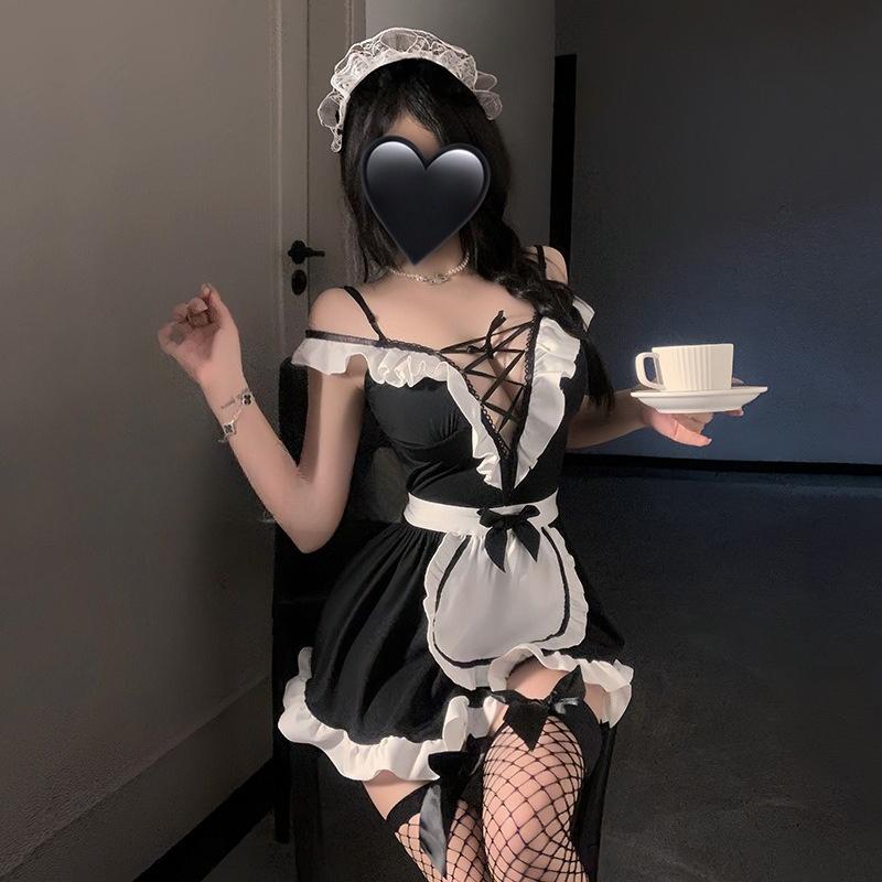 Sexy Cute Maid Cosplay Costumes Lace Up Bow Women Sexy Lingerie Lolita Servant Outfit Lace Server Roleplay Couples Sex Flirt Set With stockings