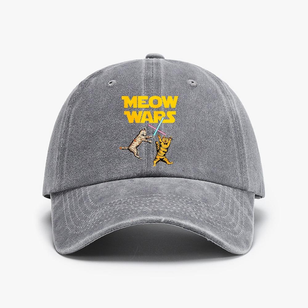 Meow Wars Cat Funny hat Gifts For Cats Lovers Baseball cap fashion Vintage Washed Denim hat Summer Breathable Adjustable hats Adjustable