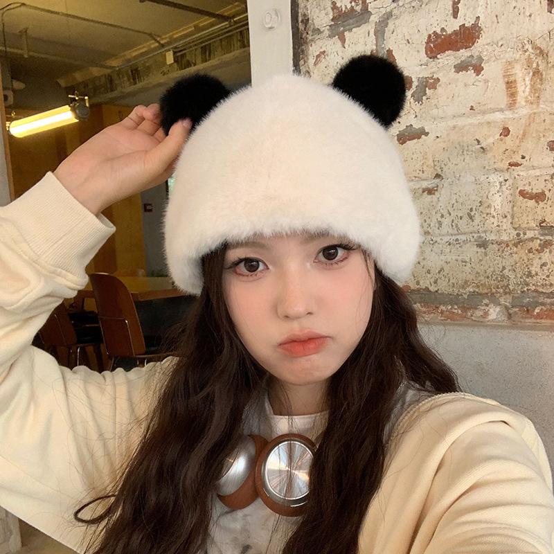 Cute Bear Hat for Women In Autumn and Winter Fur One Piece Ear Protection Plush Hat Warm Fisherman Hat Basin Hat Slimming