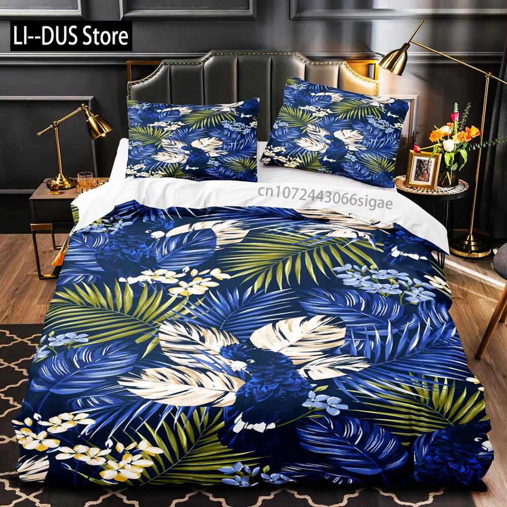 Tropische Pflanzen Floral King Queen Bettbezug Grün Palmblätter Bettwäscheset Cremefarbene Blumen 2/3-teilig Polyester Steppdecke