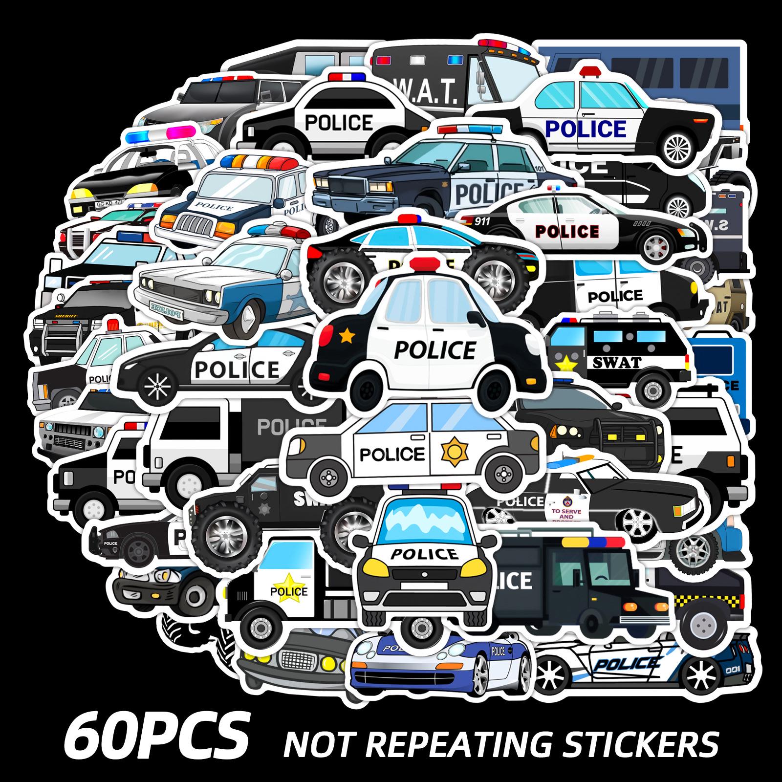 60 New Cartoon Police Car Stickers for Phone Cases, Tablets, Travel Cases, Thermos Cups, and Skateboards (Non-Repeating) 60 non-repeating sheets