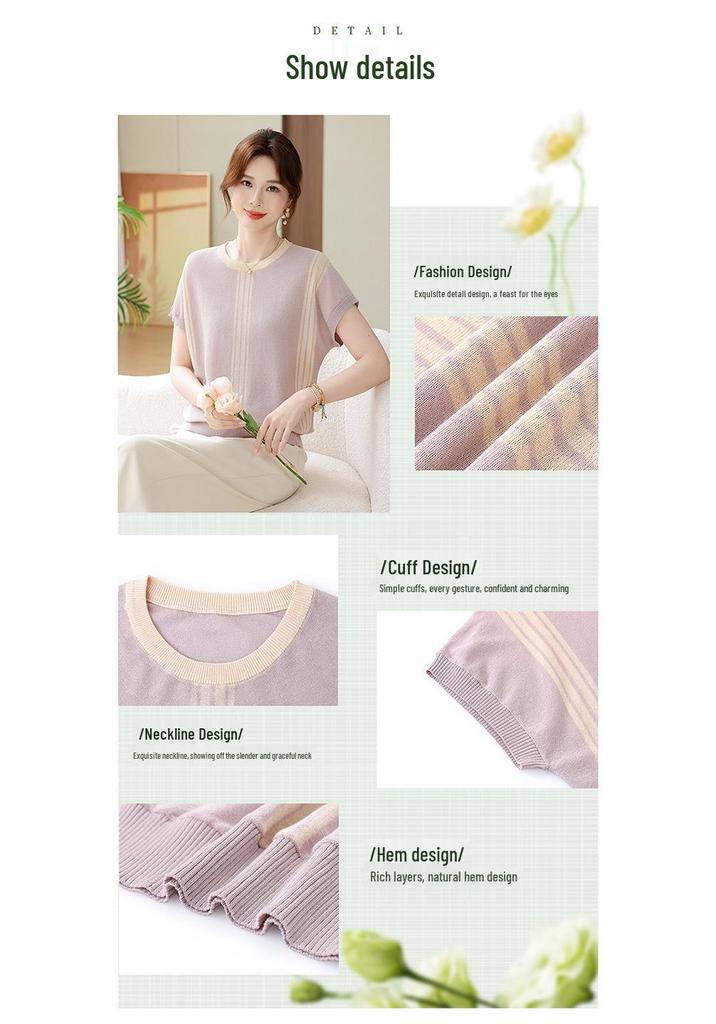 Elegant Summer Knitted Short Sleeve Top for Middle-Aged Women - Fashionable & Versatile