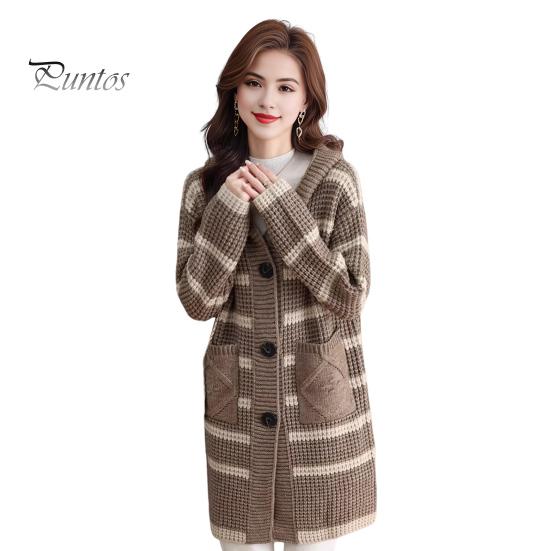 

Женское вязаное пальто с капюшоном, длинными рукавами, полосатым принтом, свитером, пальто с карманами, свободного кроя, осень-зима, повседневная вязаная верхняя одежда хаки