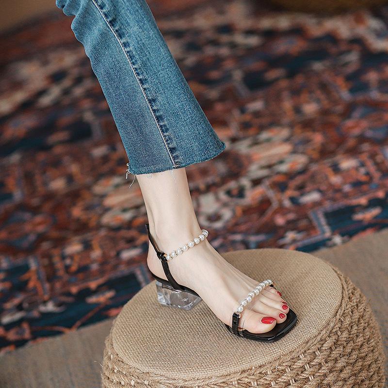 

Прозрачные жемчужные сандалии с квадратным носком женские новая мода уличная одежда толстый каблук высокий каблук крутые шлепанцы 40