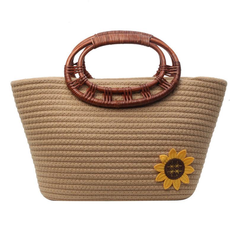 

New Cross-border Rattan Woven Tote Bag Cotton Rope Handmade Grass Woven Bag Khaki