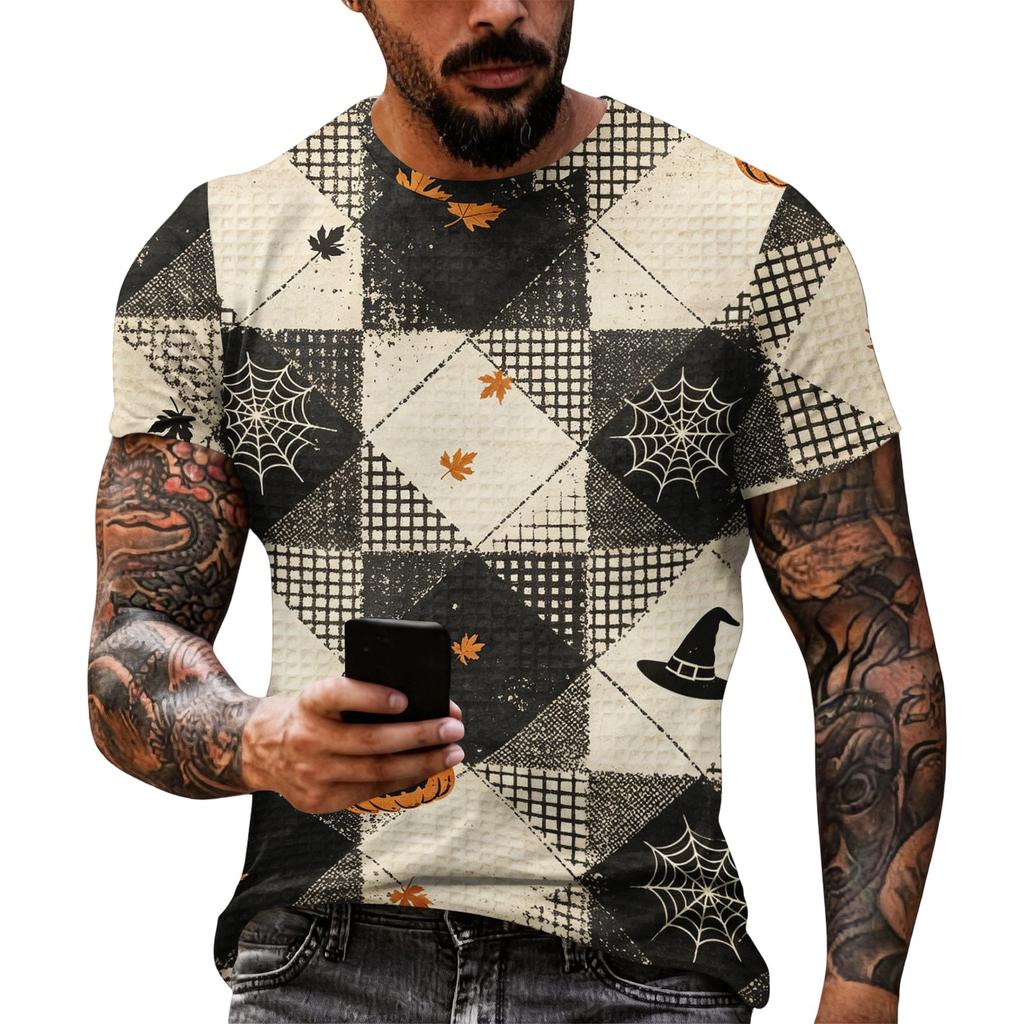Women Halloween Short Sleeve T Shirt Round Neck Pumpkin Web Print Casual Lightweight Top S XL