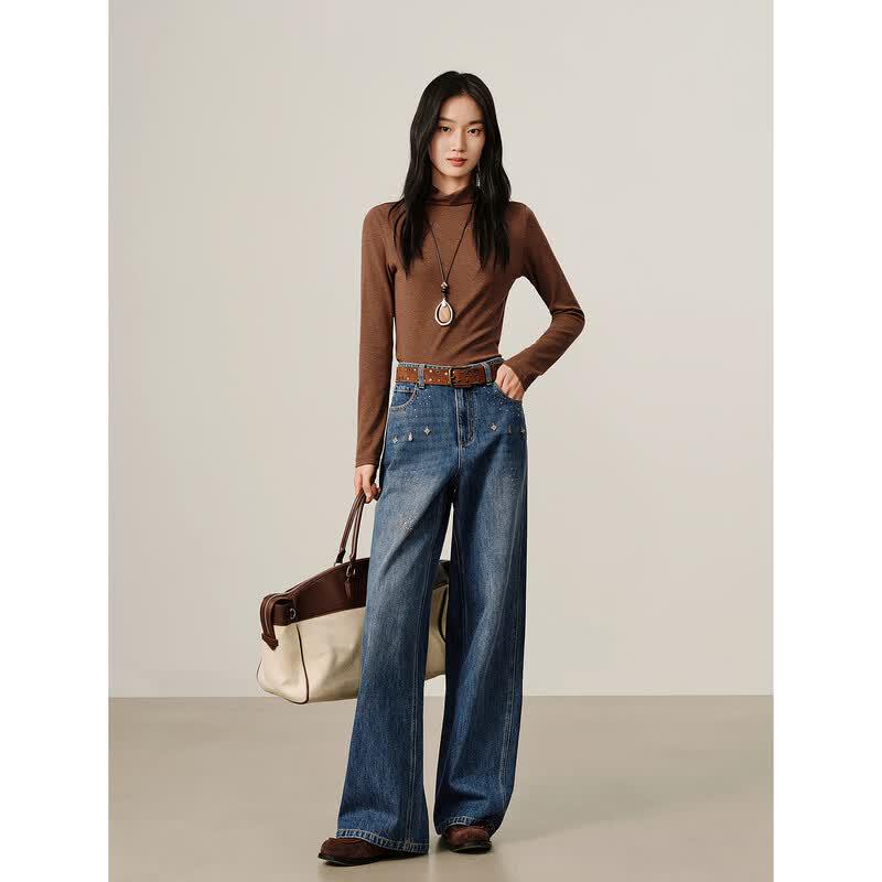 Juzhi Annakou Women's 100% Cotton Irregular Rhinestone Curved Denim Jeans