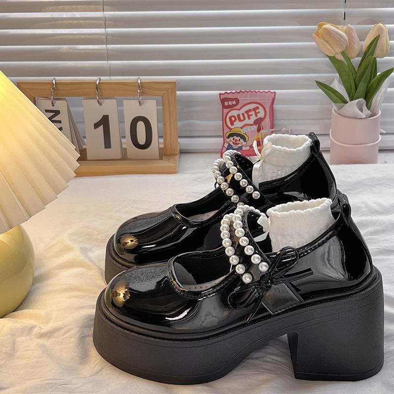 

Платформенные туфли-лодочки из маленькой кожи женские весна-лето 2025 новые ретро толстый высокий каблук жемчуг Мэри Джейн туфли 40 чёрный