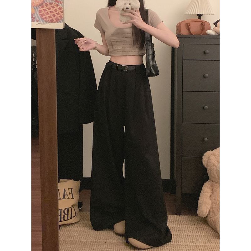 Kumikumi Solid High Waist Loose Casual Pants Wide Leg Pants Women Clothes Autumn Drape All-Match Straight Pants Mopping Pants