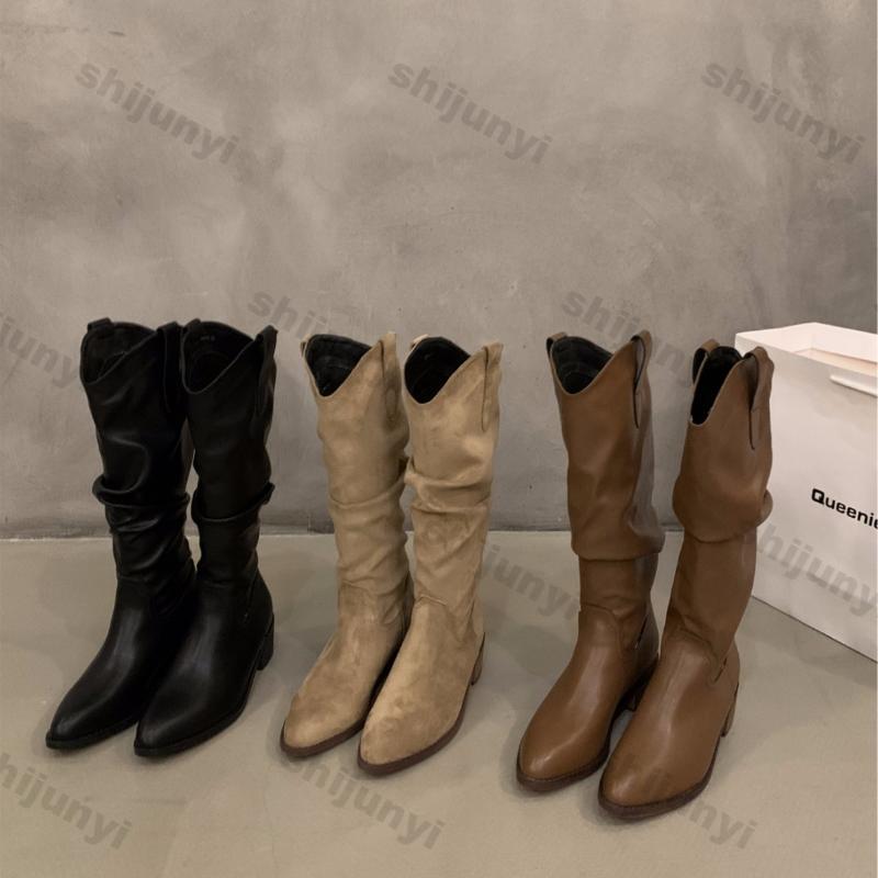 Fashion Vintage Chunky Heel Western Cowboy Boots for Women Winter New Faux Suede Ankle Boots Woman Pointy Chunky Heels Short Botas Mujer