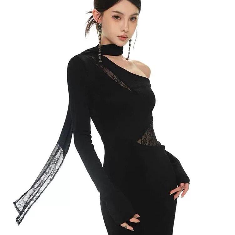 Women's Black One-Shoulder Lace Patchwork Long Sleeve Bodycon Dress for Spring/Autumn